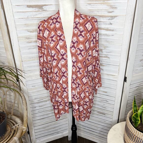 KNOX ROSE Women's Open Front Kimono Top Mauve Pink Diamond Print Med Large - Picture 2 of 12